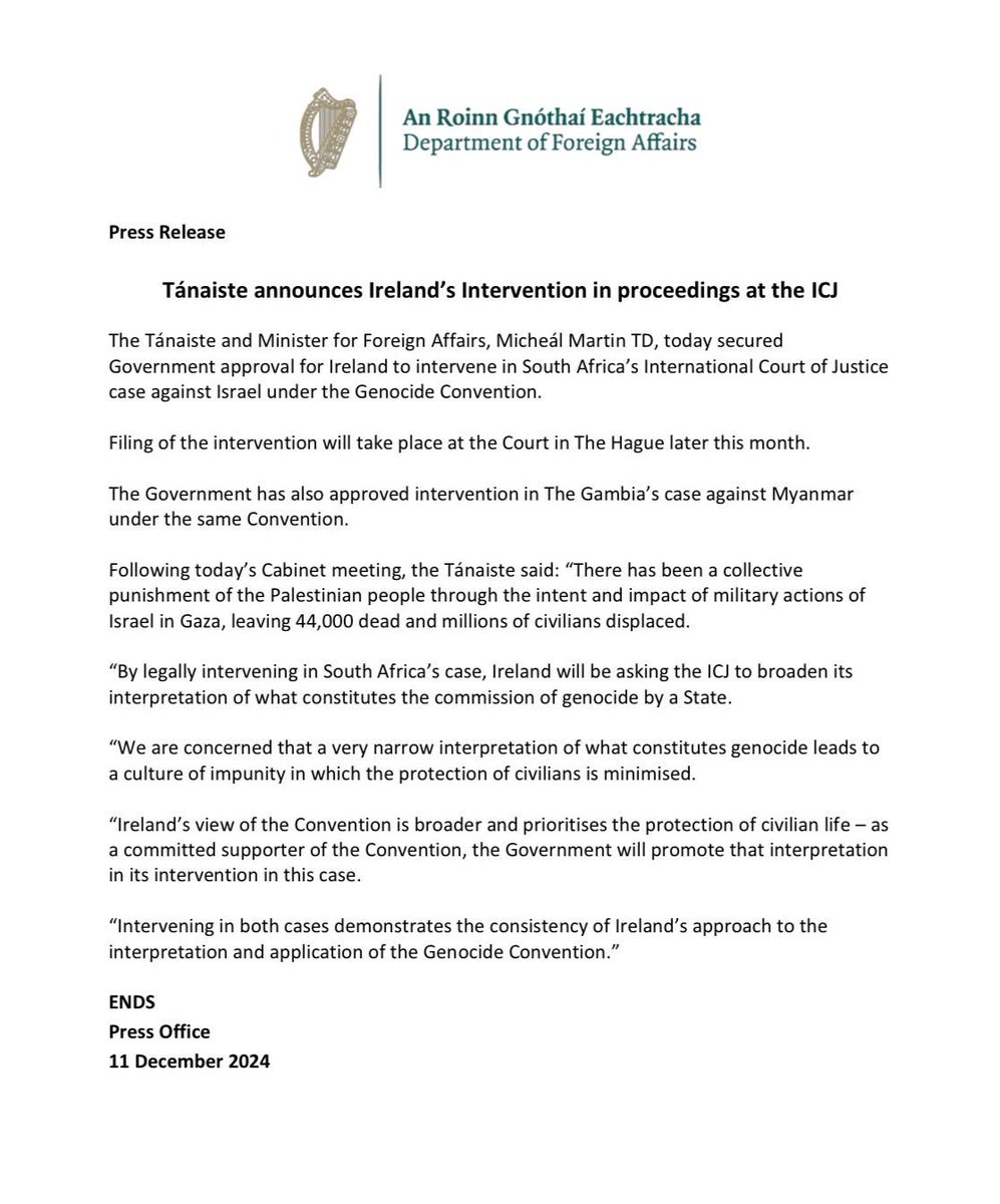 Today the Government gave approval for Ireland to intervene in South Africa’s International Court of Justice case against Israel under the Genocide Convention.