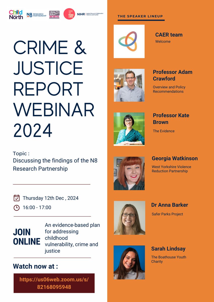 Vulnerability & Policing Futures Research Centre (@vp_centre) on Twitter photo Don’t forget to watch the <a href="/ChildoftheNort1/">Child of the North</a> <a href="/CfYoungLives/">Centre for Young Lives</a> <a href="/CAERBradford/">Centre for Applied Education Research</a> webinar this afternoon where @Crawford1Adam and @DrKateBrown_ will talk about “An evidence-based plan for addressing childhood vulnerability, crime and justice”.
Watch from 4pm-5pm:
us06web.zoom.us/j/82168095948 Don’t forget to watch the <a href="/ChildoftheNort1/">Child of the North</a> <a href="/CfYoungLives/">Centre for Young Lives</a> <a href="/CAERBradford/">Centre for Applied Education Research</a> webinar this afternoon where @Crawford1Adam and @DrKateBrown_ will talk about “An evidence-based plan for addressing childhood vulnerability, crime and justice”.
Watch from 4pm-5pm:
us06web.zoom.us/j/82168095948
