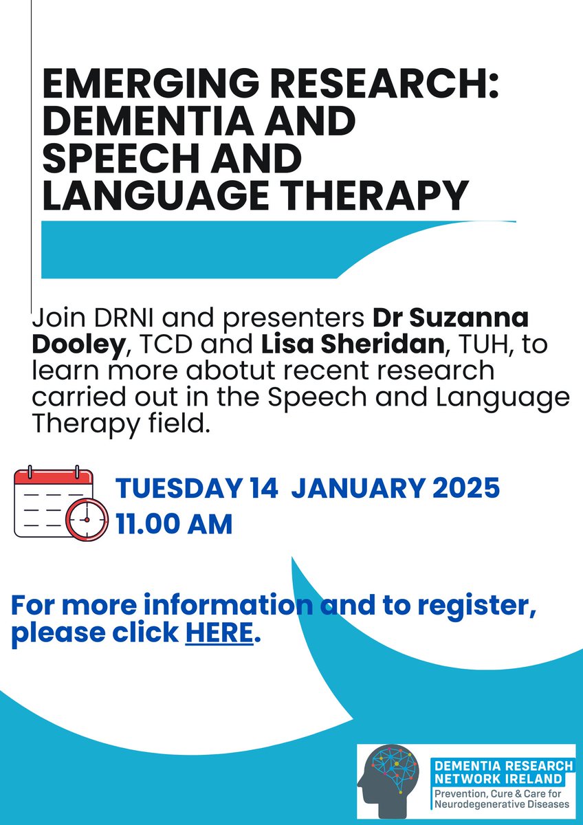 🚨Webinar announcement! 🚨

📢DRNI are thrilled to join with <a href="/dooley_suzanna/">Suzanna Dooley</a> and <a href="/LisaSheridan13/">Lisa Sheridan</a> to discuss all things #dementia research and speech and language! 

🗓️Tuesday, 14 January 2025
⏰11.00

For info and to register, please go to: forms.office.com/e/t5TPj3Ggja