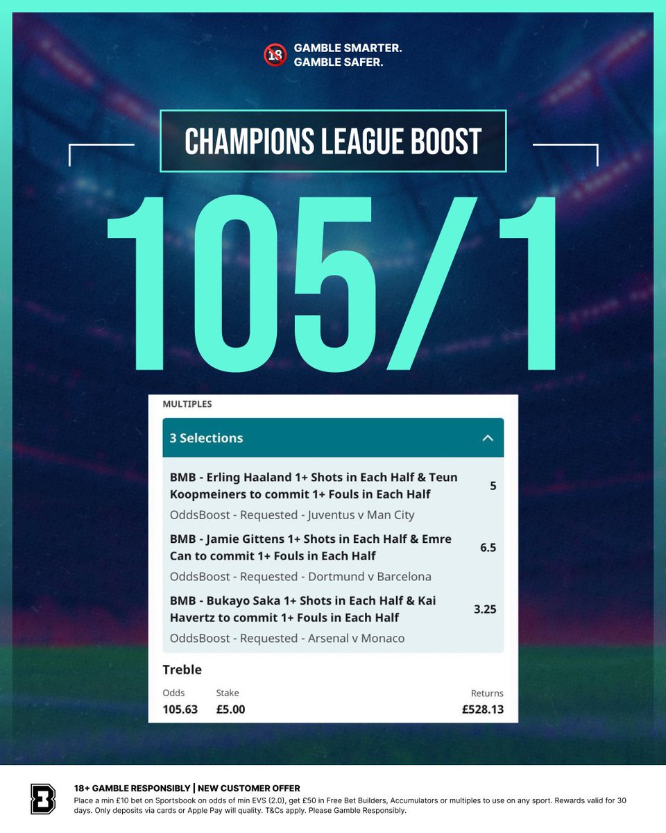 🚀 MY 105/1 CHAMPIONS LEAGUE BOOST

📌 Load it: bit.ly/UCL-BOOST-105

Three players for fouls, three players for shots. This price is exclusive to Betfair.

🎁  Join &amp; get £50 in Free Bets today: bit.ly/BF-G50

LIKE ❤️ if you’re on.

18+, Ts&amp;Cs Apply. Ad