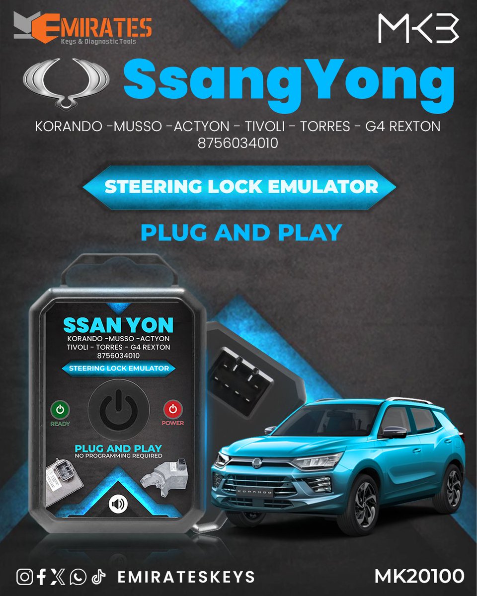 📷📷  SsangYong Korando - Musso - Actyon - Tivoli - Torres - G4 Rexton Steering Lock Emulator (Plug &amp; Start)   📷📷
📷 Includes hole hanger 📷
📷 With lock sound 📷
📷 Plug &amp; Start 📷
📷 No programming required #
📷 Competitive price 📷
📷 Order now mk3.com/ssangyong-stee…