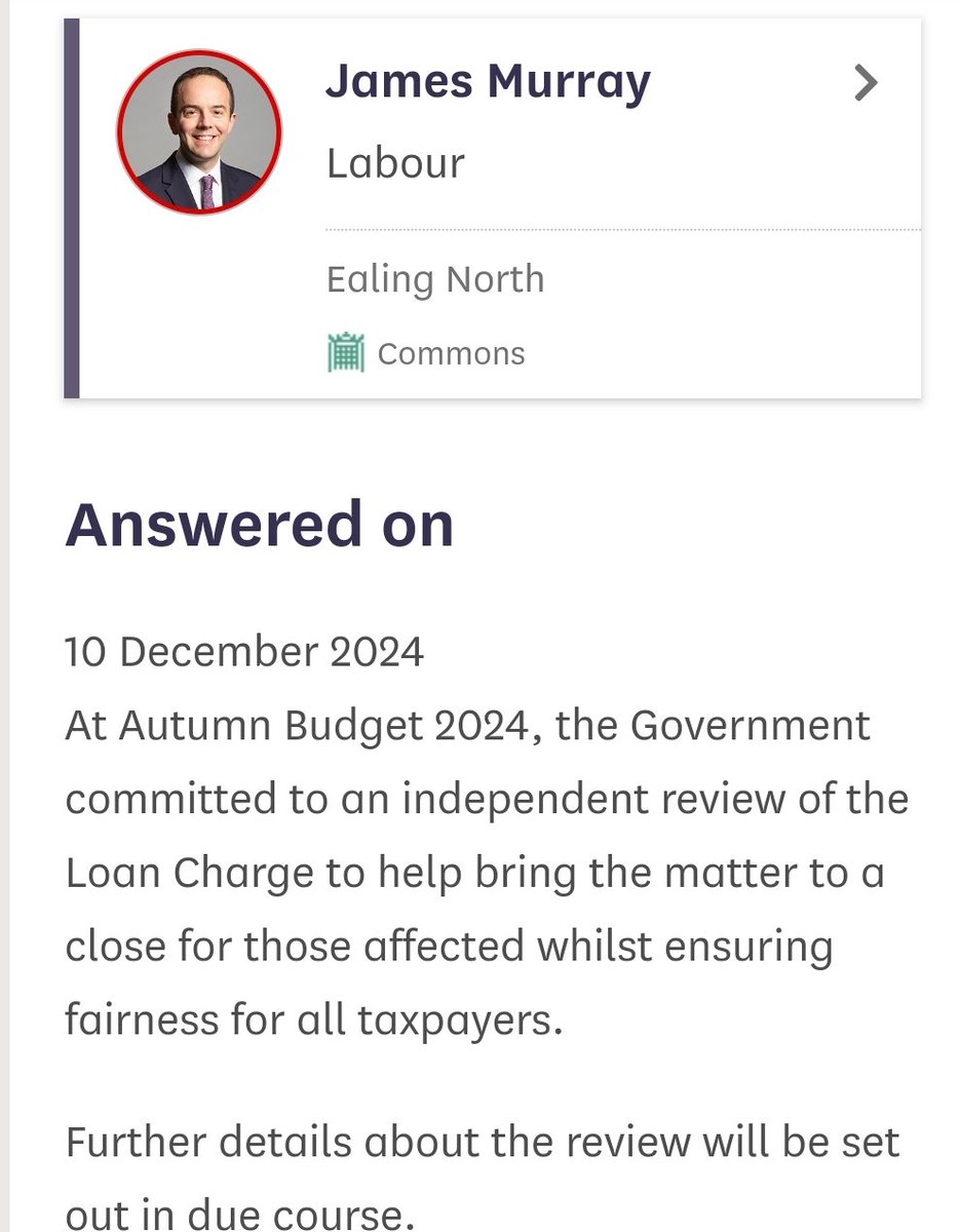 LCAG_2019's tweet photo. Thank you @Alpinkerton for raising Written Questions on independence &amp; scope of #LoanChargeReview and to @jamesmurray_ldn for replies.

Many thousands of #LoanChargeScandal victims await  review James, please pause Loan Charge &amp; associated HMRC actions until Review finalised. https://t.co/eTTRewhL9U