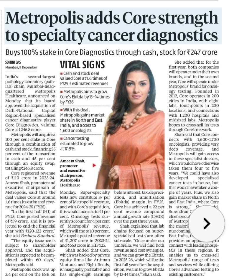 AmeeraShah's tweet image. A #NewChapter for Metropolis Healthcare 
Excited to inform you that we've acquired #CoreDiagnostics, a leader in advanced #CancerDiagnostics. This move strengthens our expertise in advanced cancer diagnostics and expands our reach in Northern and Eastern India.