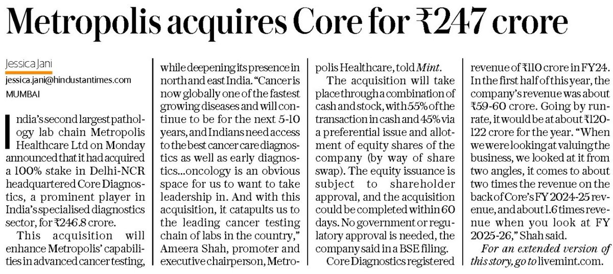 AmeeraShah's tweet image. A #NewChapter for Metropolis Healthcare 
Excited to inform you that we've acquired #CoreDiagnostics, a leader in advanced #CancerDiagnostics. This move strengthens our expertise in advanced cancer diagnostics and expands our reach in Northern and Eastern India.