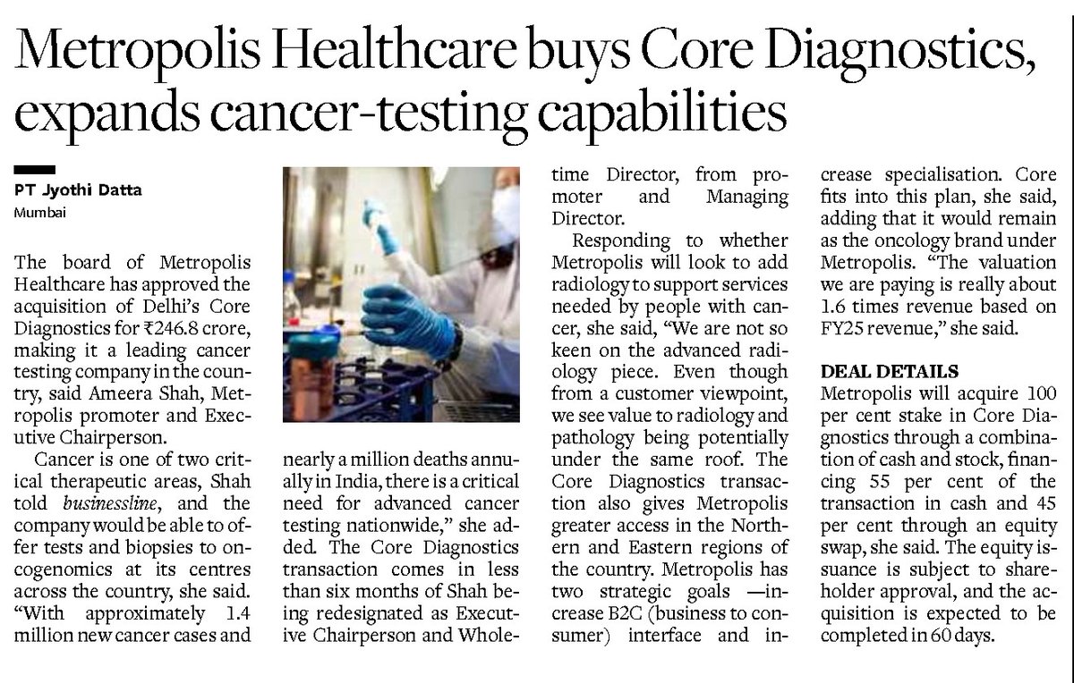 AmeeraShah's tweet image. A #NewChapter for Metropolis Healthcare 
Excited to inform you that we've acquired #CoreDiagnostics, a leader in advanced #CancerDiagnostics. This move strengthens our expertise in advanced cancer diagnostics and expands our reach in Northern and Eastern India.
