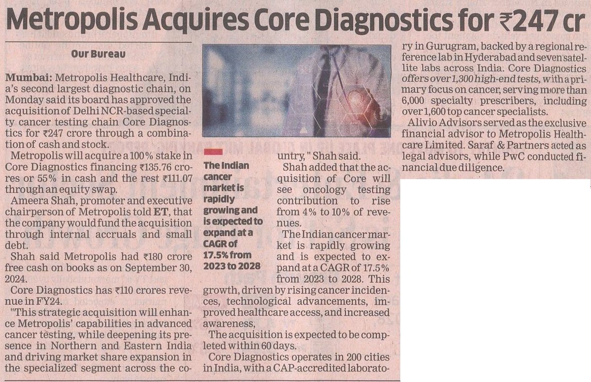 AmeeraShah's tweet image. A #NewChapter for Metropolis Healthcare 
Excited to inform you that we've acquired #CoreDiagnostics, a leader in advanced #CancerDiagnostics. This move strengthens our expertise in advanced cancer diagnostics and expands our reach in Northern and Eastern India.