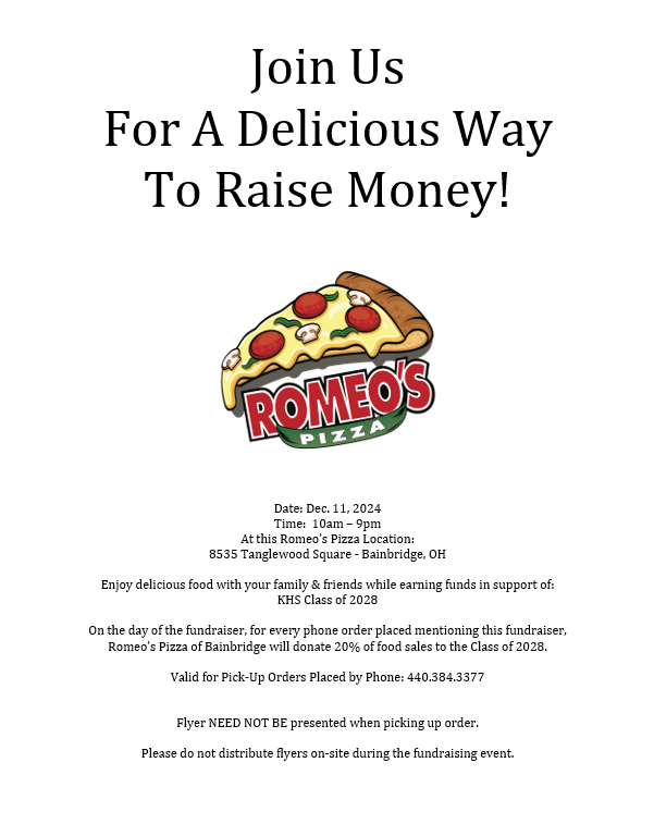 KHS_Novak's tweet photo. 🍕Support the @KenstonKHS Class of 2028 today, Wednesday, Dec. 11, by ordering from @Romeos44023!

Order by phone (440-384-3377) and mention you're supporting the KHS Class of '28! https://t.co/gnkkl7pckX