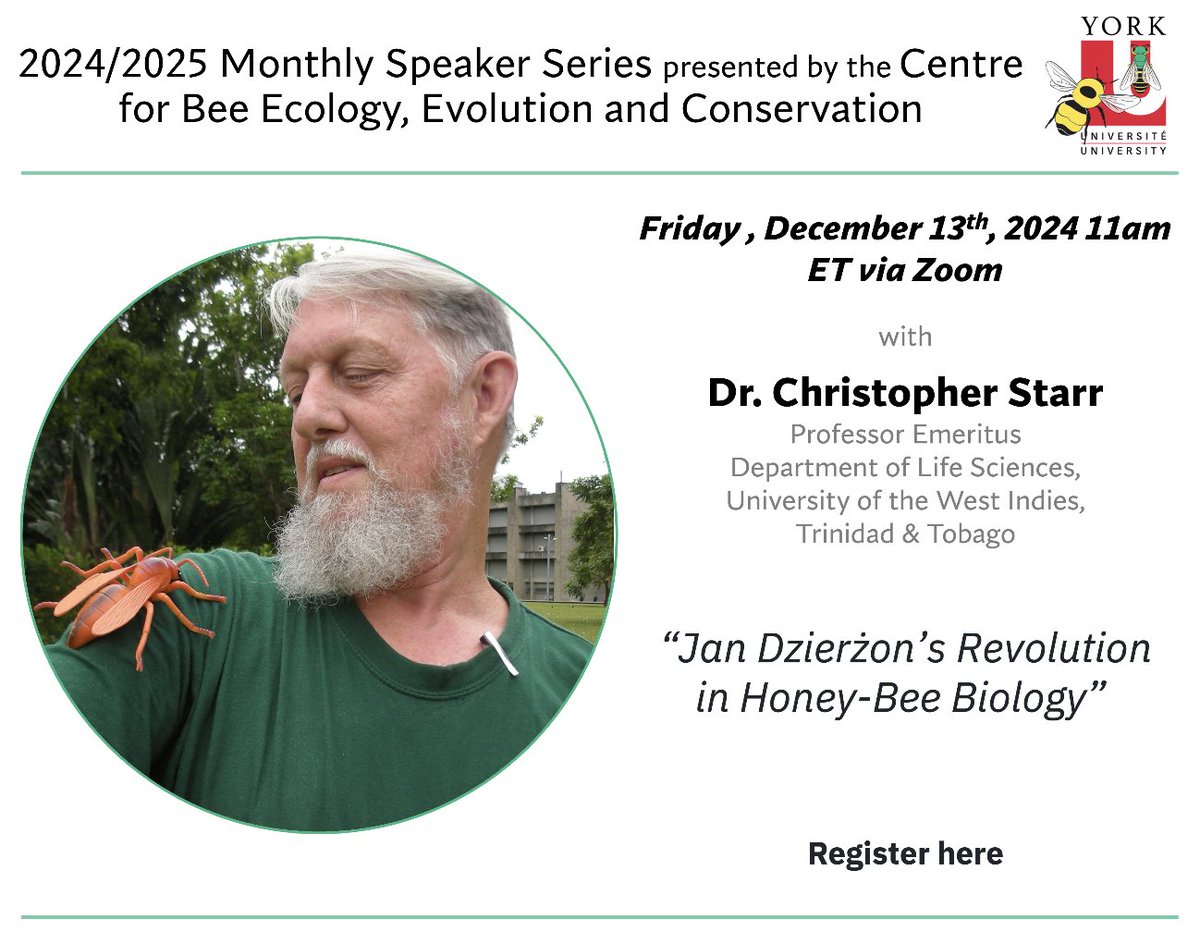 BeesYU (@beesyork) on Twitter photo Our final BEEc Speaker Series talk of 2024 with Dr. Christopher Starr will be taking place in two days on December 13th at 11am ET, register today for the talk! yorku.zoom.us/webinar/regist…
#beeresearch #bees #BEEc Our final BEEc Speaker Series talk of 2024 with Dr. Christopher Starr will be taking place in two days on December 13th at 11am ET, register today for the talk! yorku.zoom.us/webinar/regist…
#beeresearch #bees #BEEc
