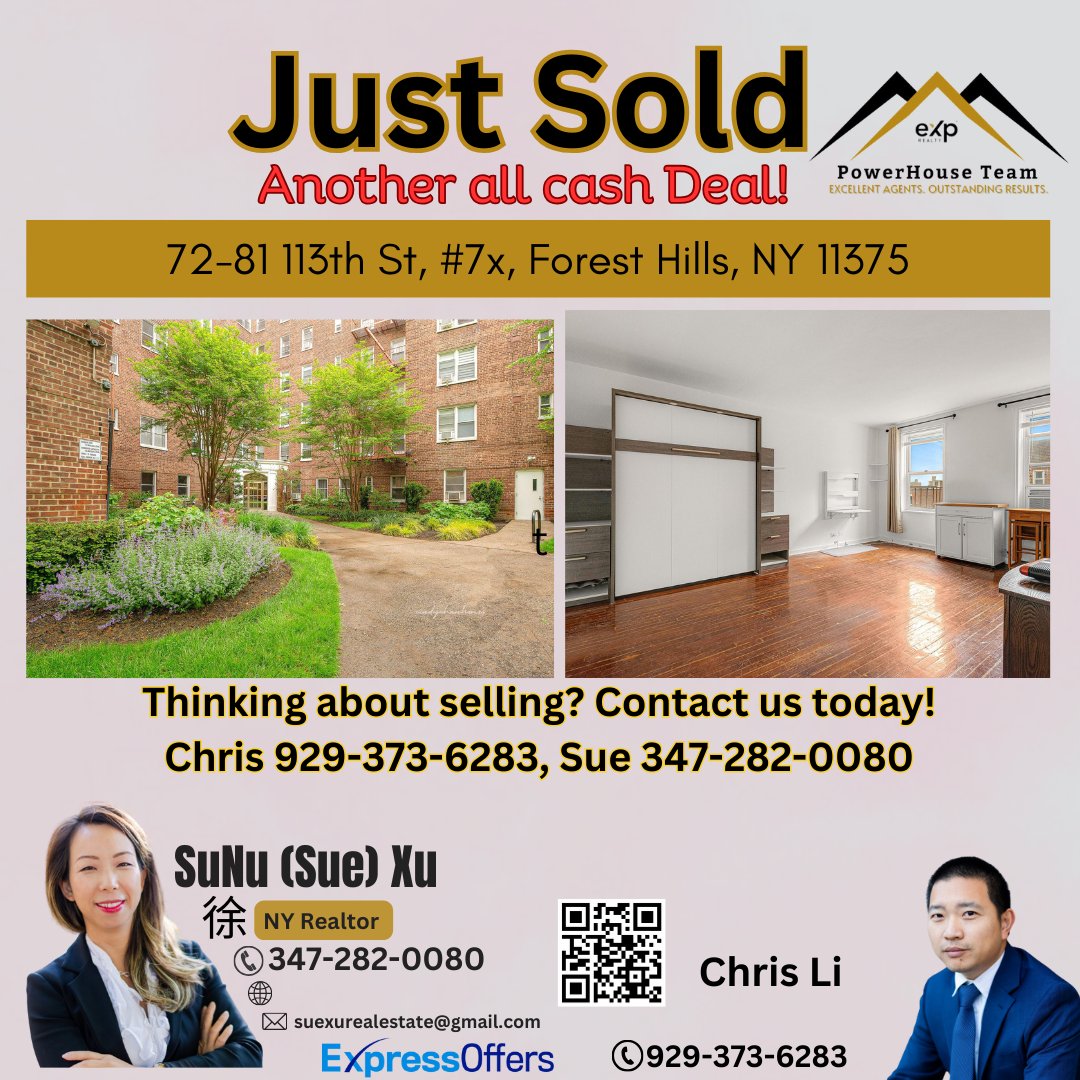 SueXu_Realtor's tweet photo. 🏠✨ Just Sold! Another all-cash deal in Forest Hills, NY! 🎉  
📍 72-81 113th St, #7X  
Thinking about selling your home? Let’s make it happen! 💼💪  
Contact us today for top-notch service and outstanding results.  

#RealEstateExperts #PowerHouseTeam #eXpRealty #NYrealtors #NY https://t.co/WfIVyG5t47