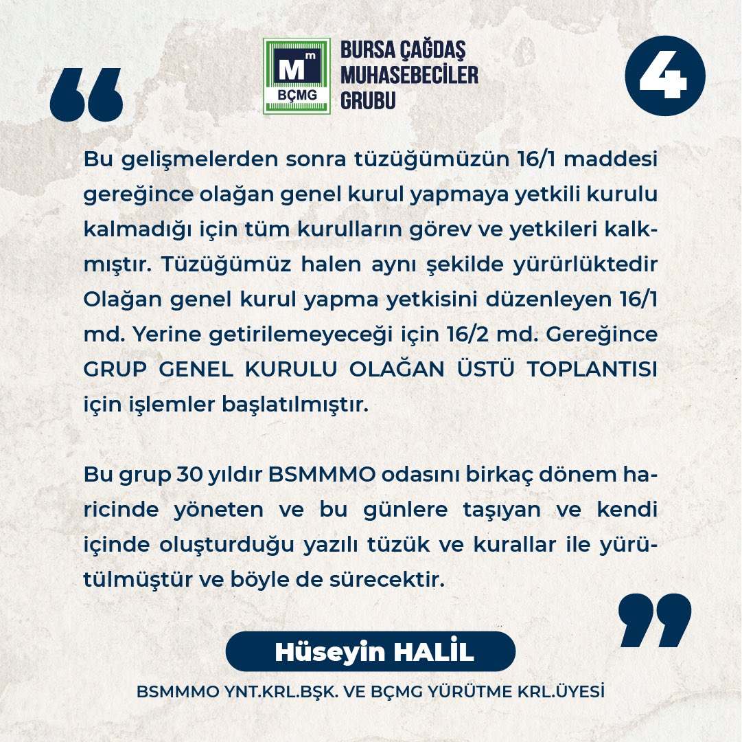 Değerli yol arkadaşlarımız;

9 Aralık 2024 Pazartesi günü ‘Önder Türemen’ tarafından atılan mesajın ‘Bursa Çağdaş Muhasebeciler Grubu’ ile hiçbir bağlantısı yoktur. Bursa Çağdaş Muhasebeciler Grubu, yürürlükteki tüzük hükümlerine uygun olarak çalışmalarına devam etmektedir.