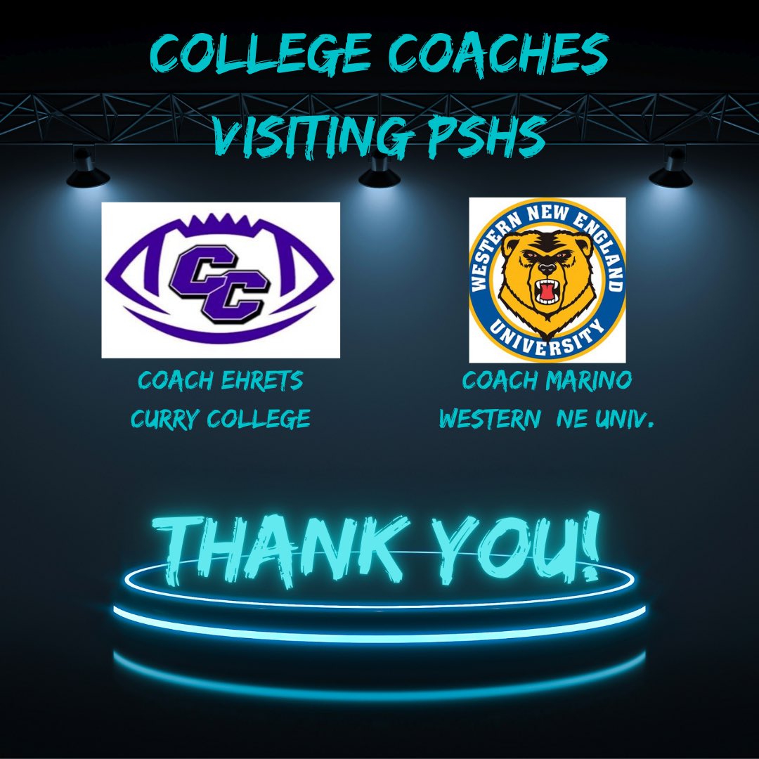 Thank you to the college coaches who stopped in this week to recruit our players! <a href="/R_Ehrets/">Ryan Ehrets</a> <a href="/CurryFootball/">CurryFootball</a> <a href="/Coach_Zmarino13/">Zachary Marino</a> <a href="/WNEFB/">WNE Football</a>
