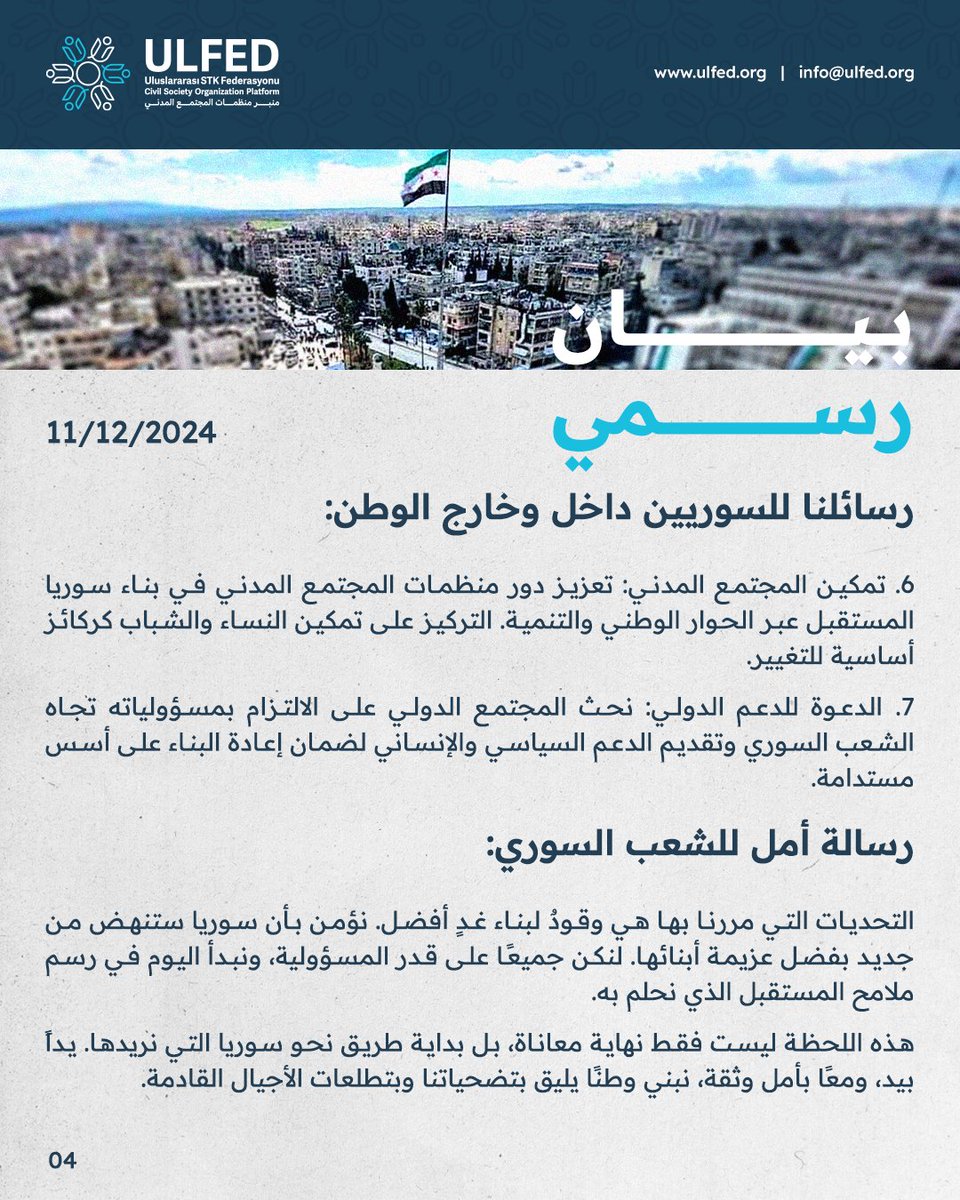 Ulfed_ar's tweet photo. سوريا أمام أفق جديد - لحظة فرح ومسؤولية نحو مستقبل مشرق

لقراءة البيان كاملاً:
https://t.co/dCRIK7mcyY

#منبر_منظمات_المجتمع_المدني #ULFED 
#سوريا #سوريا_حرة
#تركيا