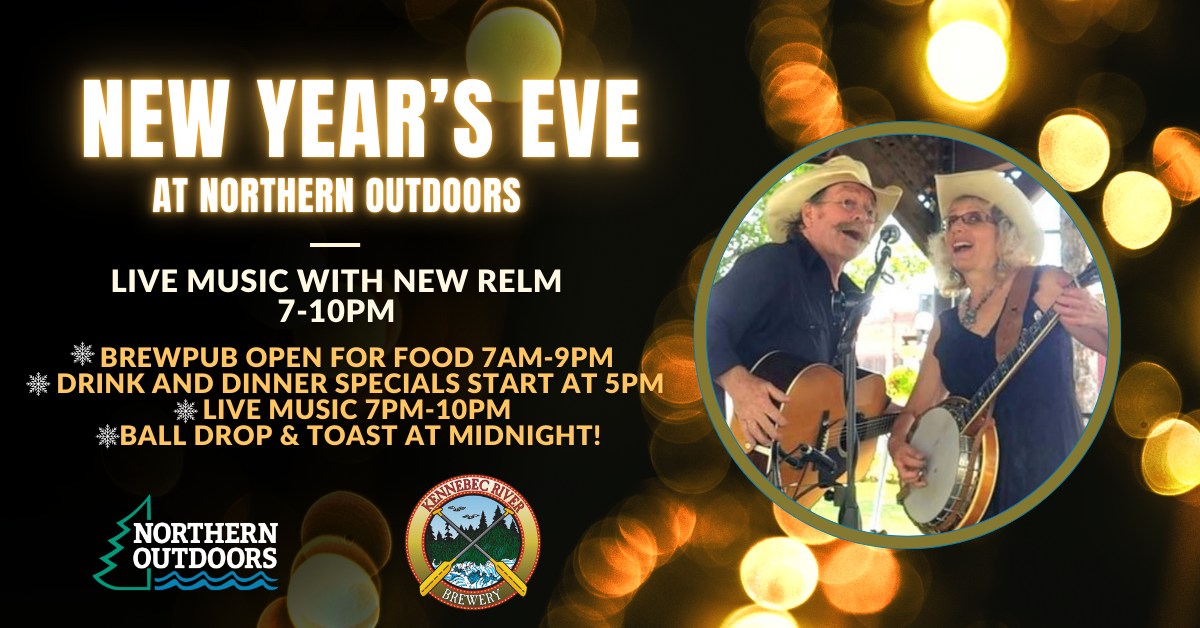 Come ring in the New Year at Northern Outdoors &amp; Kennebec River Brewery! 🪩🥂🥳

🍺 Brewpub open for food 7am-9pm
🍽️ Drink and dinner specials start at 5pm
🎤 Live music 7pm-10pm
🔥 Hot tub OPEN
🥂 Ball drop &amp; toast at midnight!

Cabin rentals available: northernoutdoors.com/cabin-rentals/