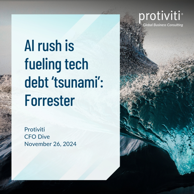 TimMaloneyJr's tweet photo. Protiviti found that organizations spend an average of 30% of their IT budgets on technical debt in its Global Technology Executive Survey. CFO Dive cites the firm’s recommendation to CFOs to lead the charge in addressing enterprise technical debt. https://t.co/yRNzNiqrSY https://t.co/RMcjqjH2J5