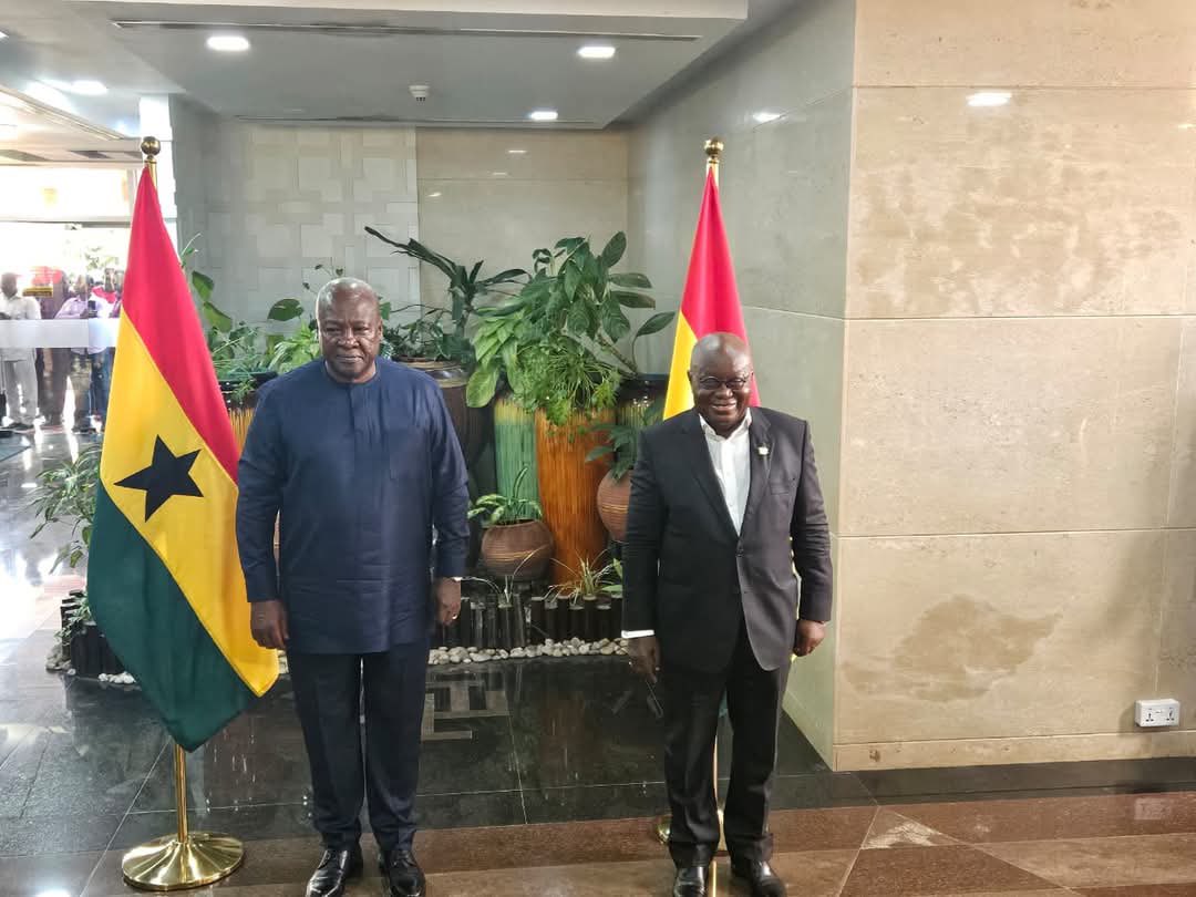 joyce_bawah's tweet photo. On December 11, President Nana Akufo-Addo and his team welcomed President-Elect John Dramani Mahama to Jubilee House to discuss matters pertaining to a peaceful transition.

Both parties are committed to a peaceful transfer of power to further consolidate Ghana’s standing as a beacon of democracy and peace. 

Now, it is time to focus on implementing the mandate entrusted to us for the development of Ghana and its people.

Acta Non Verba

#democracy #development #Ghana #politics #Womeninpolitics #governance