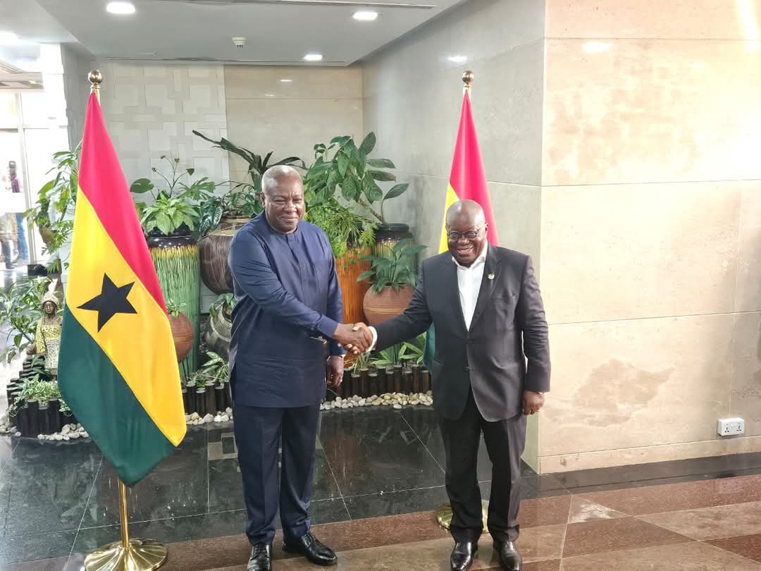 joyce_bawah's tweet photo. On December 11, President Nana Akufo-Addo and his team welcomed President-Elect John Dramani Mahama to Jubilee House to discuss matters pertaining to a peaceful transition.

Both parties are committed to a peaceful transfer of power to further consolidate Ghana’s standing as a beacon of democracy and peace. 

Now, it is time to focus on implementing the mandate entrusted to us for the development of Ghana and its people.

Acta Non Verba

#democracy #development #Ghana #politics #Womeninpolitics #governance