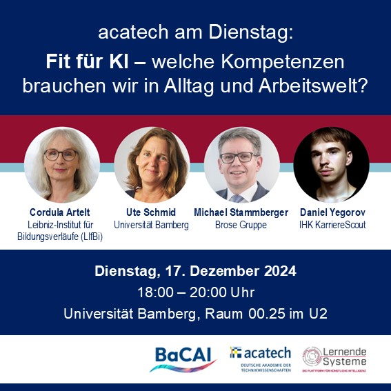 acatech (@acatech_de) on Twitter photo KI unterstützt uns zunehmend im Alltag und am Arbeitsplatz. Wir sprechen bei #acatechamDienstag über digitale Kompetenzen, unnötige Ängste und sinnvolle Gestaltung von KI-Systemen.
<a href="/uni_bamberg_of/">Universität Bamberg</a> <a href="/LIfBi_Bamberg/">LIfBi - Leibniz-Institut für Bildungsverläufe</a> <a href="/LernendeSysteme/">KI gestalten</a>
👉 acatech.de/termin/fit-fue…
Auf dem Podium: KI unterstützt uns zunehmend im Alltag und am Arbeitsplatz. Wir sprechen bei #acatechamDienstag über digitale Kompetenzen, unnötige Ängste und sinnvolle Gestaltung von KI-Systemen.
<a href="/uni_bamberg_of/">Universität Bamberg</a> <a href="/LIfBi_Bamberg/">LIfBi - Leibniz-Institut für Bildungsverläufe</a> <a href="/LernendeSysteme/">KI gestalten</a>
👉 acatech.de/termin/fit-fue…
Auf dem Podium: