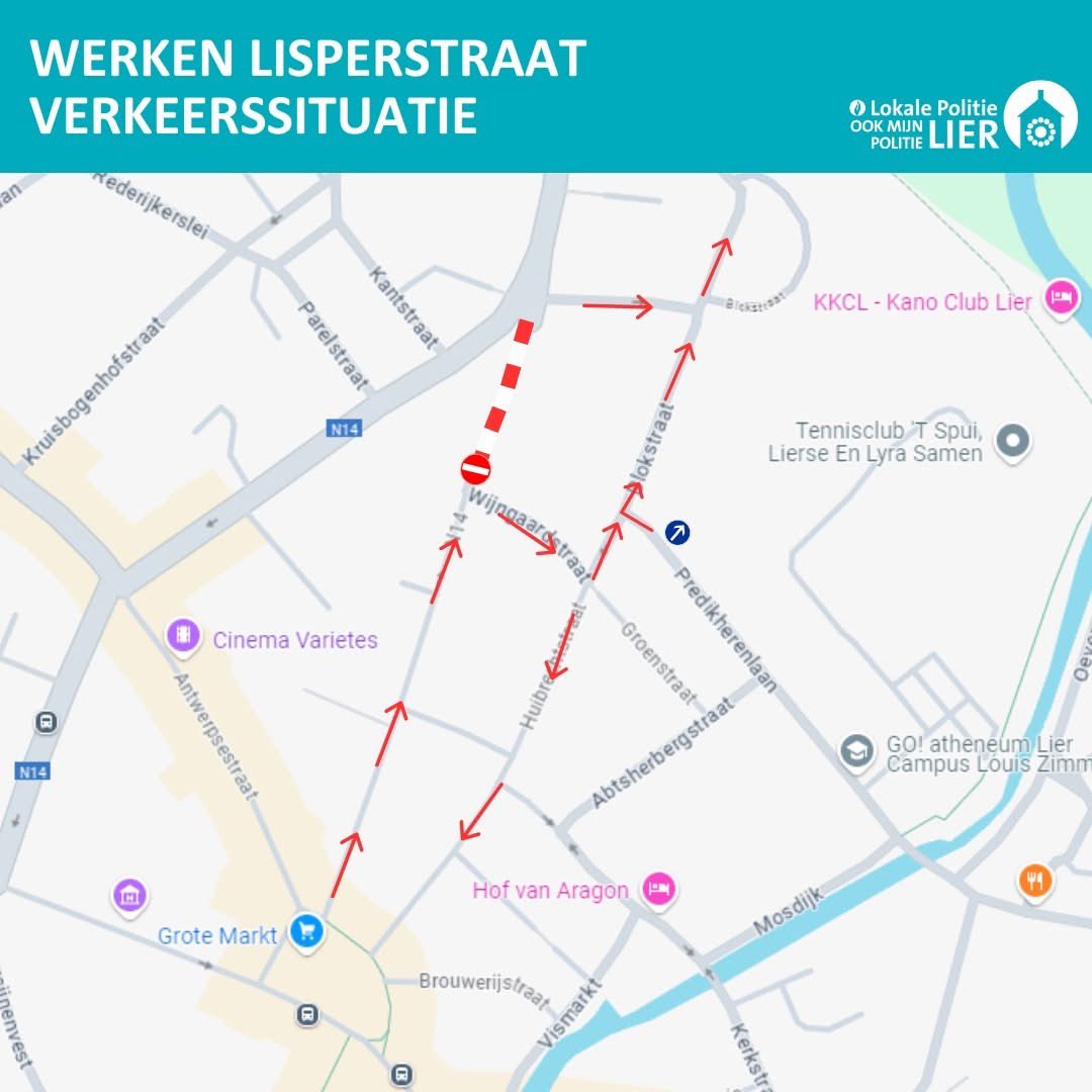 Er is momenteel ernstige verkeershinder owv de werken aan de Lisperstraat. Er is enkel verkeer mogelijk in de richting van de rode pijlen op het kaartje. Alle verkeersmaatregelen vind je terug op de website van Stad Lier: lier.be/mobiliteit/wer…