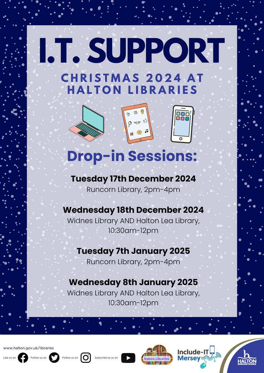 Free drop in sessions.  Bring your own device that you need help with or use one of our PC’s.  We can help with a range of issues such as setting up an email, keeping in touch with family online, how to access health information and much more. library.haltonbc.info/whats-on/