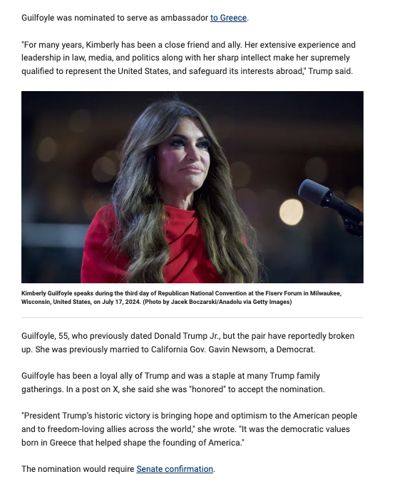 MattGertz's tweet photo. The Fox News write-up of Kimberly Guilfoyle getting nominated to an ambassadorship does not mention her work for the network, possibly because her departure came after she was reported for sexual harassment with Fox paying a reported $4 million settlement. https://t.co/Ns170tL7YZ