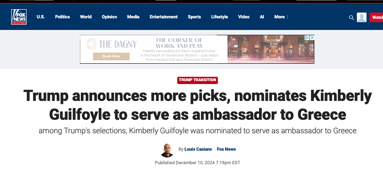 MattGertz's tweet photo. The Fox News write-up of Kimberly Guilfoyle getting nominated to an ambassadorship does not mention her work for the network, possibly because her departure came after she was reported for sexual harassment with Fox paying a reported $4 million settlement. https://t.co/Ns170tL7YZ