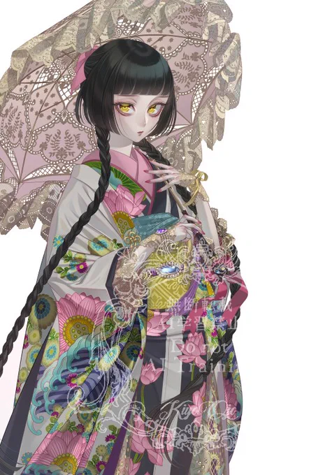 描いたというより描いて作った柄をレタッチして色を塗り直したって感じです(千両のつなぎとマジョコの羽織)同じ店(ゴビ)の服なので同じシリーズの服なのでしょう 波が入ってるのでたぶん夏向きの柄ですがマジョコは「夏の柄ではないか…」とブチブチ言いながらこの羽織を選んだそうです 
