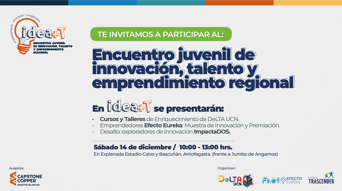== Invitación abierta y gratuita para toda la comunidad ==

DeLTA UCN participará en idea+T, donde presentaremos los Cursos y Talleres de Enriquecimiento y muchas sorpresas más. #Antofagasta

Este sábado de 10:00 a 13:00 en explanada del Estadio Calvo y Bascuñán 

Les esperamos!