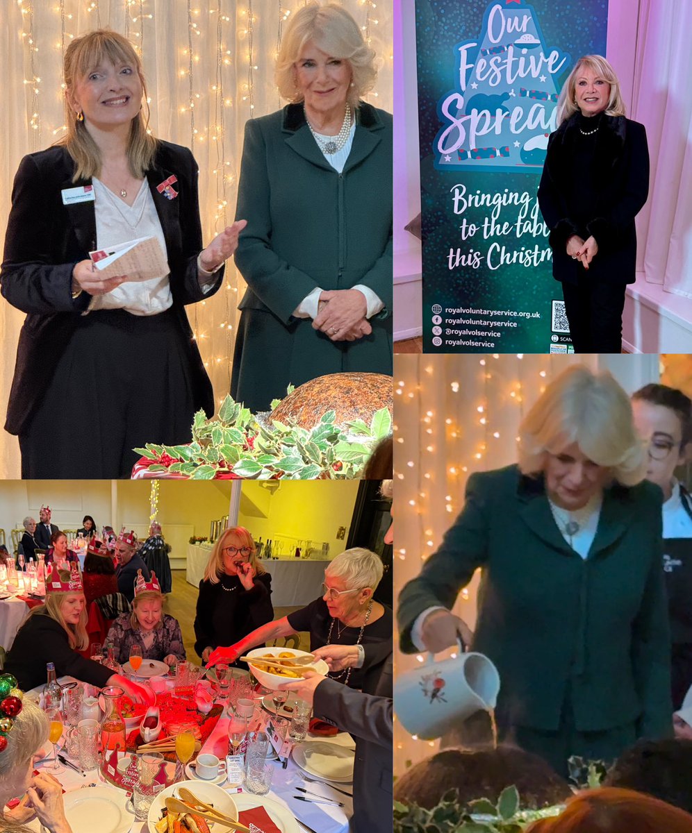 elaine_paige's tweet photo. Attended @RoyalVolService #FestiveSpread superb lunch today with volunteers, community members & very special @RoyalFamily guest - HM Queen Camilla, who poured brandy over huge Christmas pudding before RVS CEO Catherine Johnstone set light to it. For info: https://t.co/6qLUOXENp2 https://t.co/flmz6j1zuK
