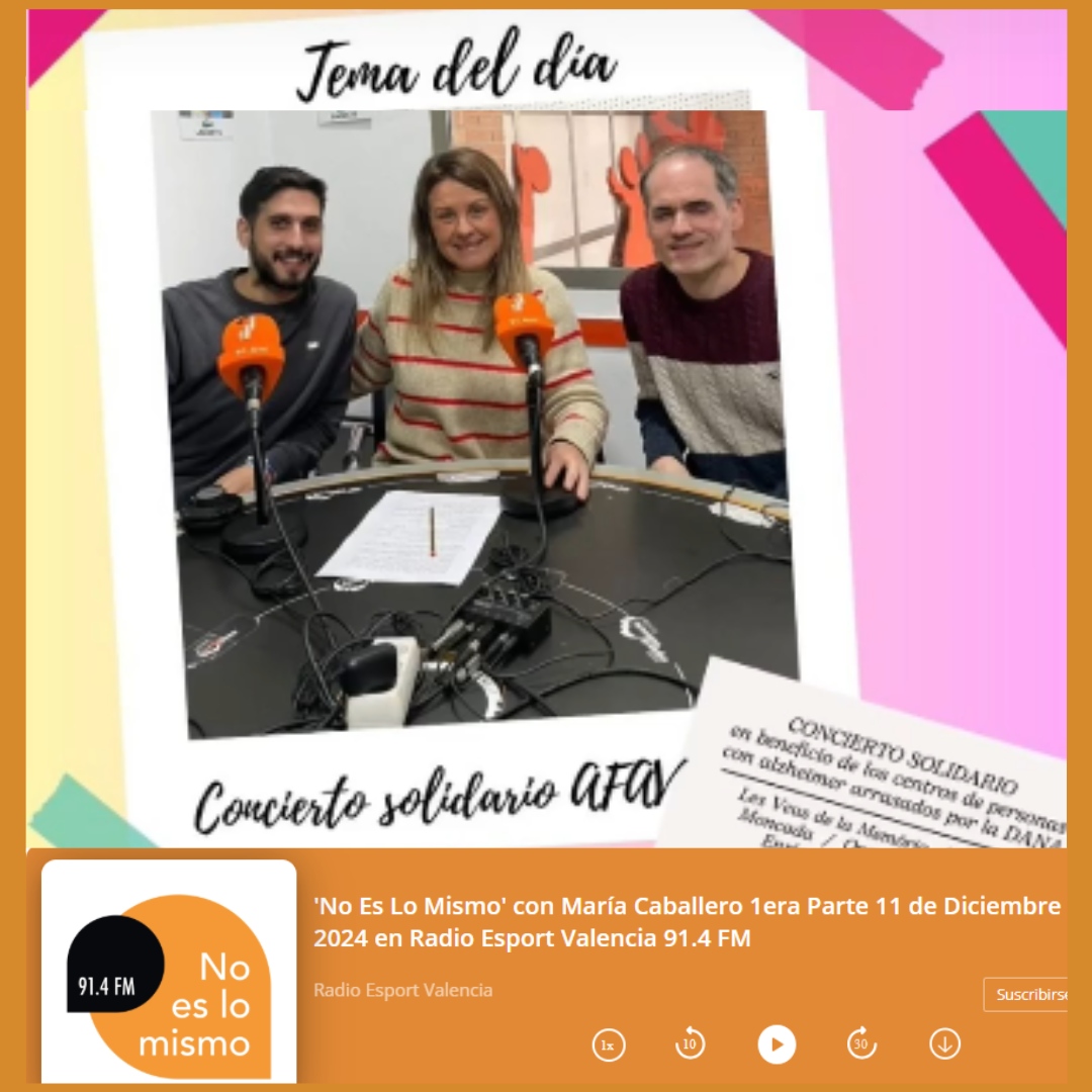 El ⭕CONCIERTO SOLIDARIO PARA LOS CENTROS DE ALZHEIMER DESTRUIDOS POR LA DANA, VIERNES 13/12⭕️tema del día en #Noeslomismo11dic24, en <a href="/Radioesport914/">Radio Esport Valencia 91.4</a>, con <a href="/Mery_Caballero/">María Caballero</a>. ¡Gracias!

Entrevista min. 25 a 51:30
📌radioesport914.com/no-es-lo-mismo…

Info y entradas
❌afav.org/13-12-conciert…❌