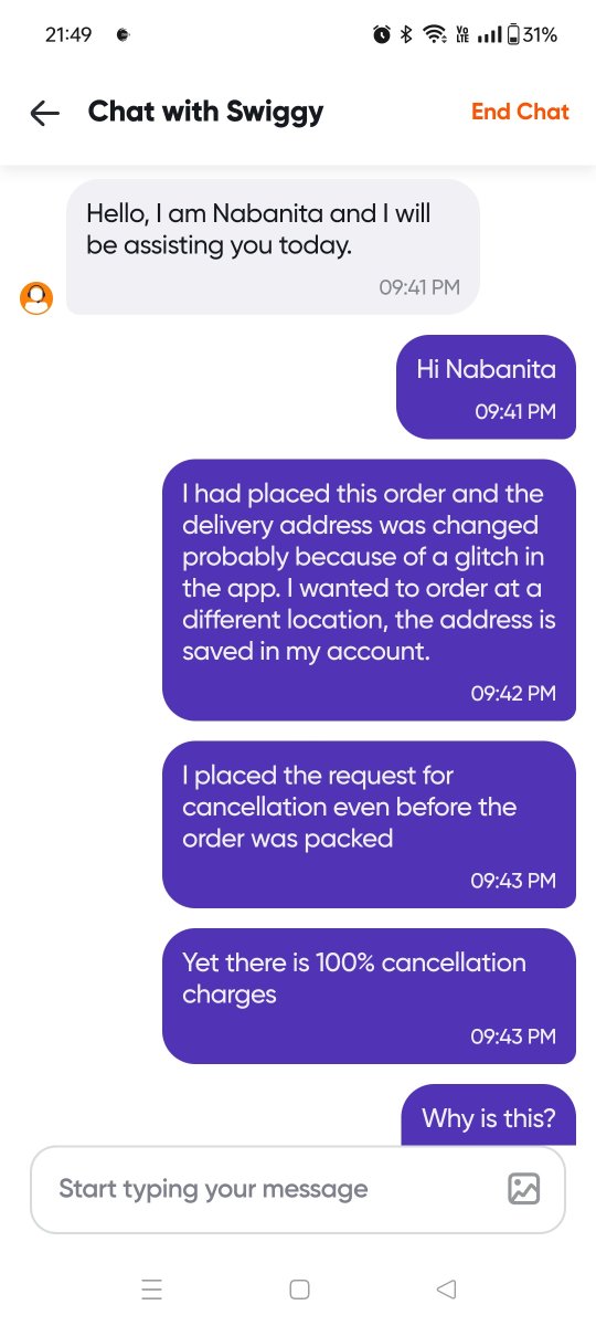 ANANDNiknikhil's tweet photo. Hi @SwiggyInstamart. What is the problem with your app and policies? Please train your support staff. I placed an order at 21:32 Hours and placed a request for cancellation of the same even before it was packed but I have been charged a cancelled fees of 100% of the order amount https://t.co/abfyFKxcEV