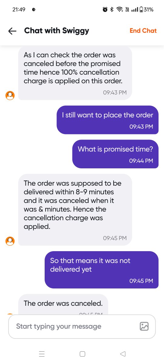 ANANDNiknikhil's tweet photo. Hi @SwiggyInstamart. What is the problem with your app and policies? Please train your support staff. I placed an order at 21:32 Hours and placed a request for cancellation of the same even before it was packed but I have been charged a cancelled fees of 100% of the order amount https://t.co/abfyFKxcEV