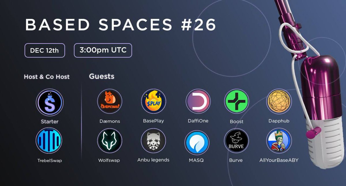 It’s Based Spaces #26 tomorrow…

We’ll be joined by top #Base BUIDLers, sharing updates, and looking at the latest onchain trends.

Topics including:

Meme Utility, Google’s Willow chip, Memes outperforming Alts on Base, #DeFi season, BTC Digital Gold?

🗓 Thursday, December