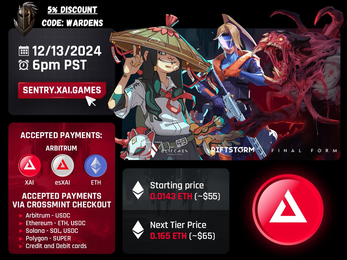 TheWardensGC's tweet photo. The Wardens ⚔️ @XAI_GAMES

We're teaming up with XAI for their upcoming Tiny Sentry Keys sale, don't miss it! Use our code to save 5%.

Key Details:
🗓️Dec 13th, 6PM PST
💵Starting price .0143E
💳Multiple payment options
🪂Exclusive airdrops/rewards $XAI

➡️5% Discount: WARDENS