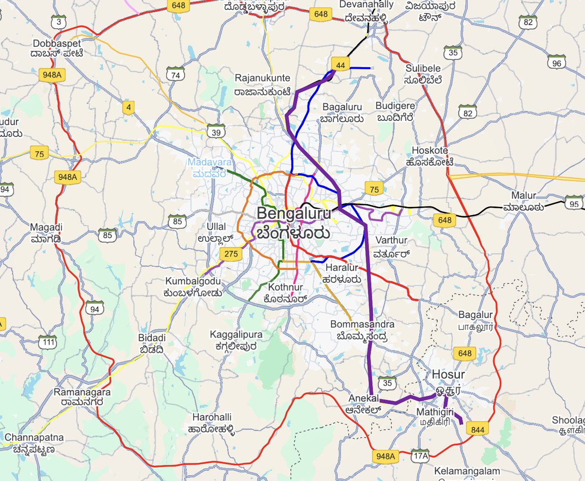 RupayiRaja's tweet image. Hosur-Anekal to KIAL via Yelahanka (Kanaka Line Extension and Sampige Line)

🚆✈️ Overview
To enhance airport connectivity and suburban access, the Kanaka Line will be extended from Hosur-Anekal Town in the south to link directly with the Sampige Line at Yelahanka, providing…