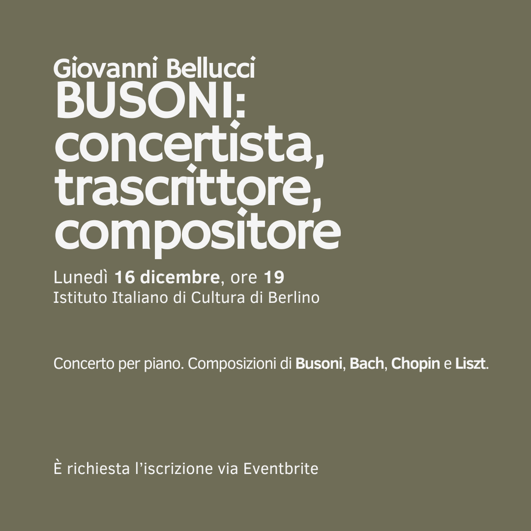 IIC Berlino (@iicberlino) on Twitter photo 🎹 #FerruccioBusoni: concertista, trascrittore, compositore 💫 🎄
Concerto per piano con #GiovanniBellucci
🗓️ 16 Dicembre ore 19
📌 <a href="/IICBerlino/">IIC Berlino</a>
ℹ️ tinyurl.com/34spbzuj
<a href="/regioneFVGit/">Regione FVG</a>
<a href="/ItalyMFA/">Farnesina 🇮🇹</a> 🎹 #FerruccioBusoni: concertista, trascrittore, compositore 💫 🎄
Concerto per piano con #GiovanniBellucci
🗓️ 16 Dicembre ore 19
📌 <a href="/IICBerlino/">IIC Berlino</a>
ℹ️ tinyurl.com/34spbzuj
<a href="/regioneFVGit/">Regione FVG</a>
<a href="/ItalyMFA/">Farnesina 🇮🇹</a>
