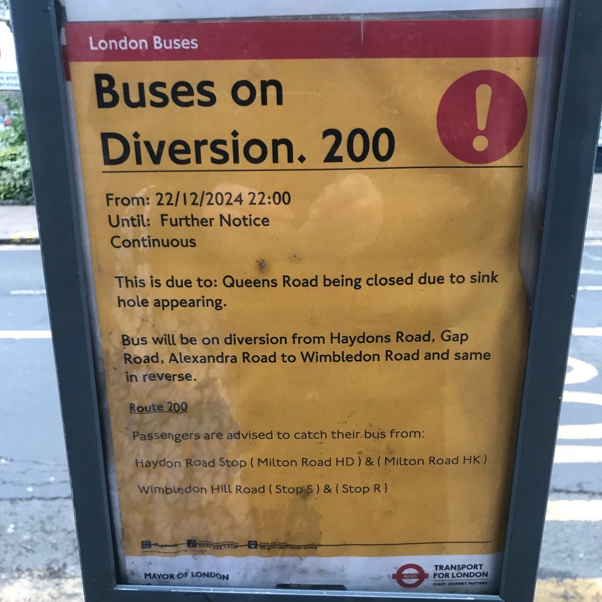 Hi <a href="/TfL/">TfL</a>  Where exactly is the sink hole on Queens Road #SW19?  Can only see unattended <a href="/thameswater/">Thames Water 💧</a>  works and nothing happening. If large trucks can drive along the road, why not a bus?
