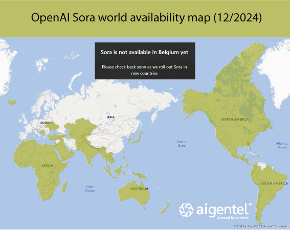 TomLemento's tweet photo. Disappointed that #OpenAI Sora is not yet available in Belgium. We're in the group of "difficult countries", together with China, Venezuela, Cuba and all other EU-countries. #Meta AI and #Apple intelligence are also not available in #Europe. #ArtificialIntelligence https://t.co/hNTPgASpIi