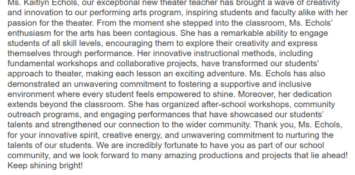 Congratulations to Ms. Echols, Theatre Director, on being named Employee of the Month at Spalding High School! 
We are thankful for you! <a href="/SpaldingHigh/">Spalding High School</a>