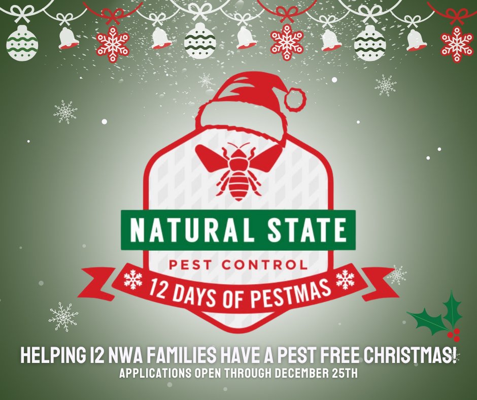 The 12 Days of Pestmas! 🌟Hey NWA! We want to help 12 families have a pest free Christmas! 
If you or someone you know currently has a pest issue that affects their health or property, please let us know through the link below.  

Merry Christmas! 🎁 🎄

naturalstatepestcontrol.com/12-days-of-pes…