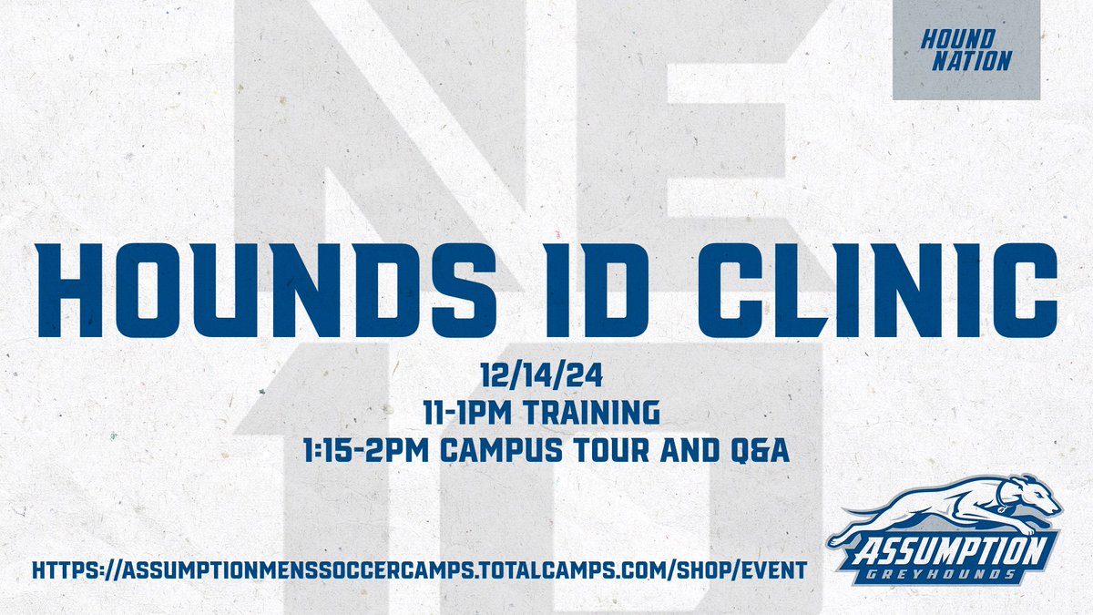AssumptionMSOC's tweet image. Sign up for our ID Clinic this Saturday from 11-2 PM! This offers a great opportunity to play in front of our coaching staff, meet some current players, and tour the campus.
Link: …umptionmenssoccercamps.totalcamps.com/shop/EVENT