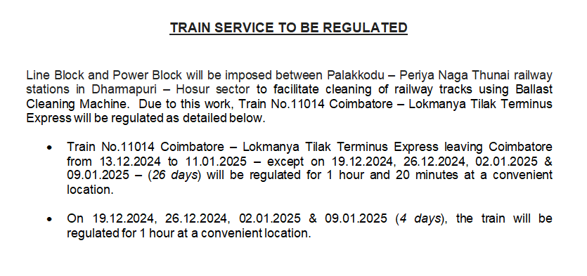 Train No.11014 Coimbatore - Lokmanya Tilak Terminus Express to be Regulated.

Passengers, kindly take note.

<a href="/GMSRailway/">Southern Railway</a> <a href="/drmsbc/">DRM Bengaluru</a> <a href="/SWRRLY/">South Western Railway</a> <a href="/RailMinIndia/">Ministry of Railways</a>