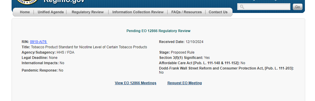 Alexander_Tin's tweet photo. Per @WhiteHouse records, @US_FDA has resubmitted its proposal to set caps on nicotine in tobacco products

https://t.co/97GqFSZMEn

You'll recall @DrCaliff_FDA has telegraphed for weeks that he hoped to renew push for nicotine standard before he leaves office https://t.co/1DXNa9fS22