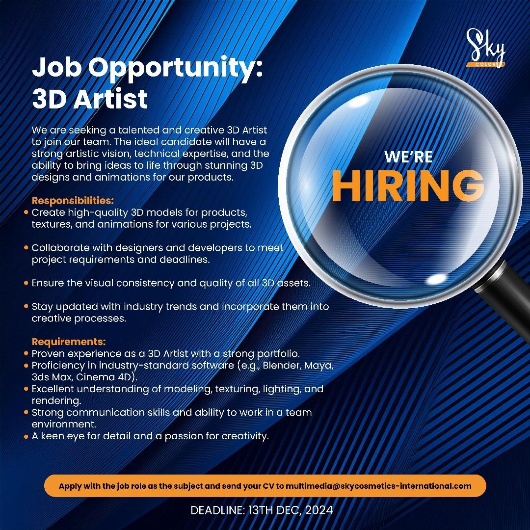Nous recrutons un artiste 3D. 

✅ Voulez-vous vivre une expérience professionnelle enrichissante avec une grande entreprise de parfumerie ? 

✅ Voulez-vous vivre cette expérience dans un environnement international ? 

Si oui, ce poste est pour vous.

#beuguejob #afterpro