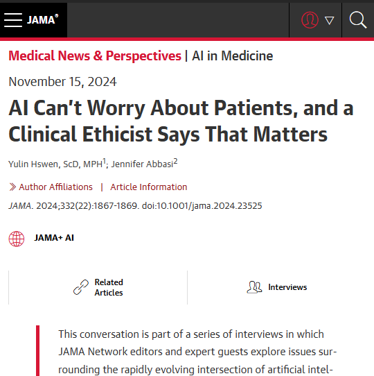 JAMA (@jama_current) on Twitter photo Sarah Hull <a href="/hull_md/">Sarah C. Hull, MD, MBE</a>, a cardiologist and clinical ethicist at <a href="/YaleMed/">Yale School of Medicine</a>, discusses appropriate boundaries for the use of AI in clinical settings.
ja.ma/41upfkm Sarah Hull <a href="/hull_md/">Sarah C. Hull, MD, MBE</a>, a cardiologist and clinical ethicist at <a href="/YaleMed/">Yale School of Medicine</a>, discusses appropriate boundaries for the use of AI in clinical settings.
ja.ma/41upfkm