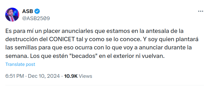 El CONICET fue creado por el premio Nobel Bernardo Houssay y será destruido por un abogado ignoto que se dedica a putear gente en redes sociales.