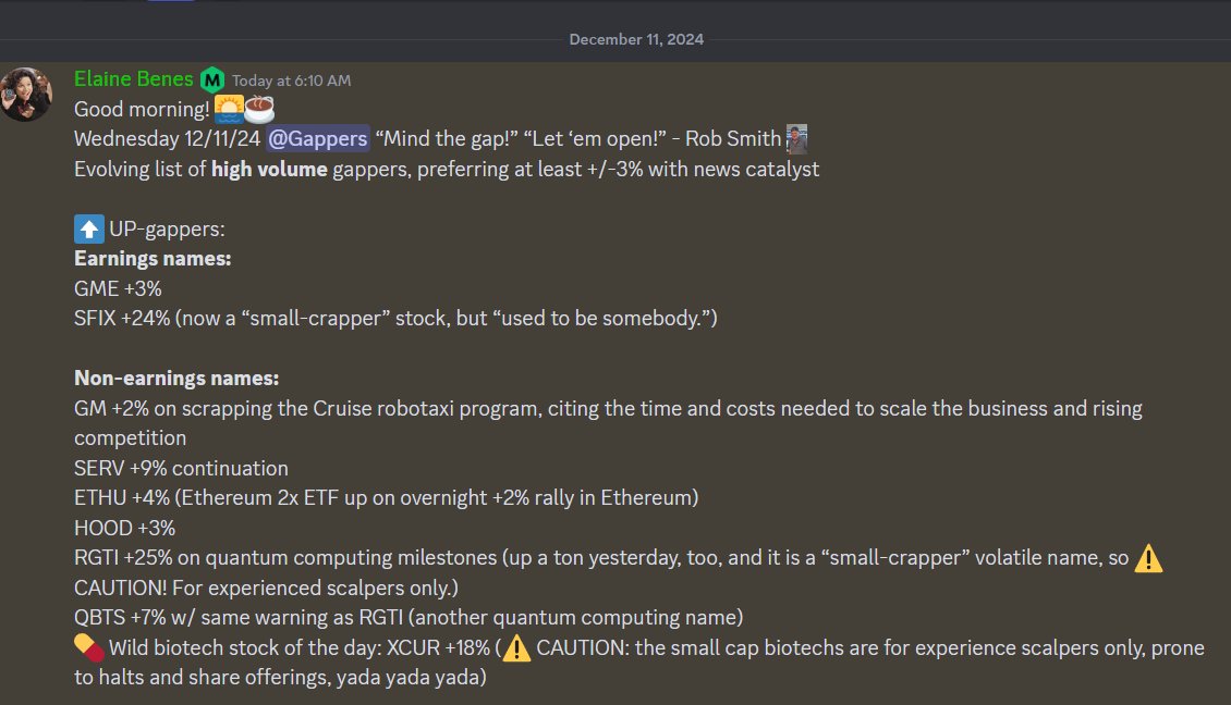 ElaineBenes99's tweet photo. Wednesday 12/11/24 #Gappers #MindTheGap #2ndDayPlays 📈📉
See screenshots below 👇
#ThanksRob #ThanksSara #TheStrat ❤️ https://t.co/OL6grLHpGw