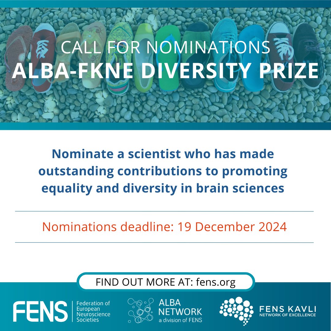 FENS (@fensorg) on Twitter photo ⏳ One week left to nominate an exceptional advocate for #Diversity and #Inclusion in #BrainSciences! Honour their contributions by nominating them for the ALBA-FKNE Diversity Prize 2024.
🚨 Nomination deadline: 19 December
👉 loom.ly/ayM7Cw8
<a href="/network_alba/">ALBA Network</a>, <a href="/FensKavliNet/">FENS Kavli Network</a> ⏳ One week left to nominate an exceptional advocate for #Diversity and #Inclusion in #BrainSciences! Honour their contributions by nominating them for the ALBA-FKNE Diversity Prize 2024.
🚨 Nomination deadline: 19 December
👉 loom.ly/ayM7Cw8
<a href="/network_alba/">ALBA Network</a>, <a href="/FensKavliNet/">FENS Kavli Network</a>