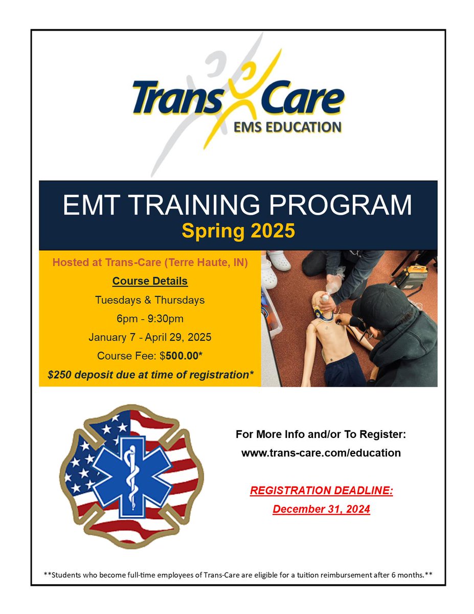 TransCareEMS's tweet image. Trans-Care Ambulance is hosting an EMT Training Class in Terre Haute, running January 7–April 29 on Tuesdays and Thursdays from 6:00–9:30 PM. Registration closes December 31, so don’t wait!

Sign up here, link.edgepilot.com/s/71f82f2a/TsW…

#TransCareAmbulance #EMTClass #EMTJobs #SignUpNow