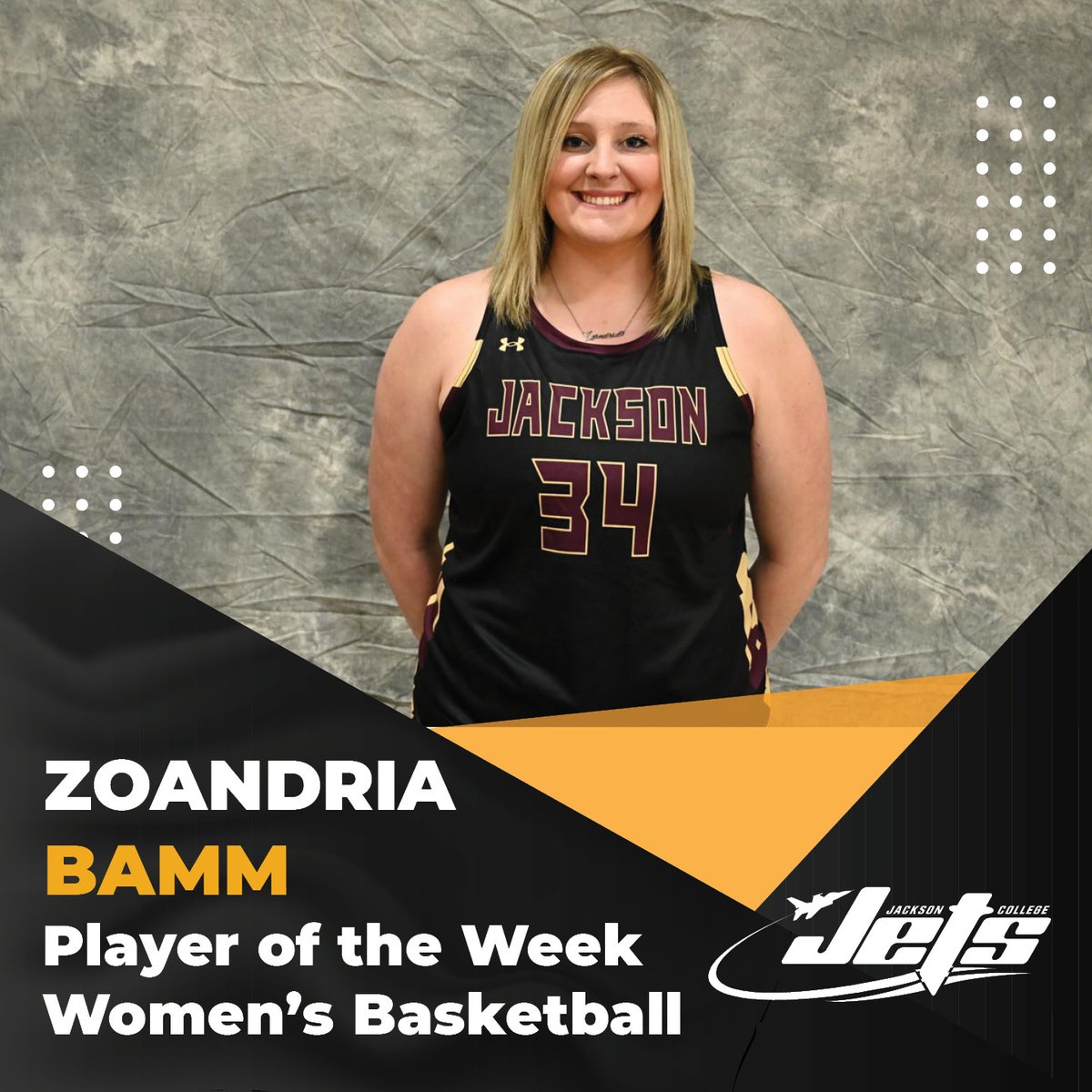 JacksonCollege's tweet photo. Congratulations to the Jets sophomore center Zoandria Bamm, named the MCCAA Eastern Conference Player of the Week! She recorded back-to-back double-doubles and averaged 21.5 points and 13.0 rebounds per game to earn the honor! ๐๐
#jacksoncollege #jcjets #jetsskyview https://t.co/PhpQHDBYqB