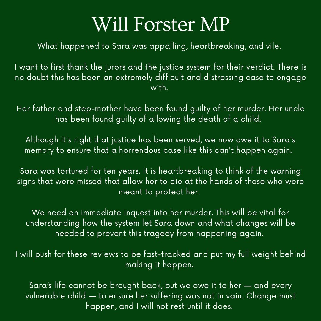 As the Member of Parliament for #Woking, I think what happened to Sara Sharif was appalling, heartbreaking and vile.  We need an immediate inquest into her murder - this will be vital to understand how the system let Sara down and prevent this tragedy from happening again.